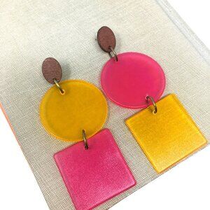 Post-Modern Minimalist Oversized Pink Orange Geometric Shapes Dangle Earrings